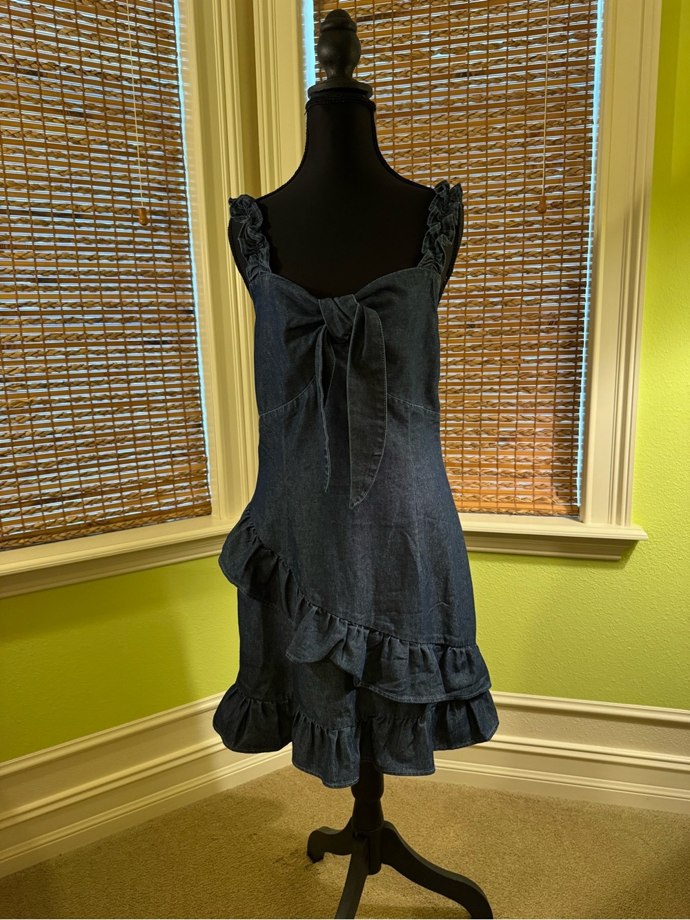 SHEIN Dark Blue Ruffle Denim Dress with Front Tie